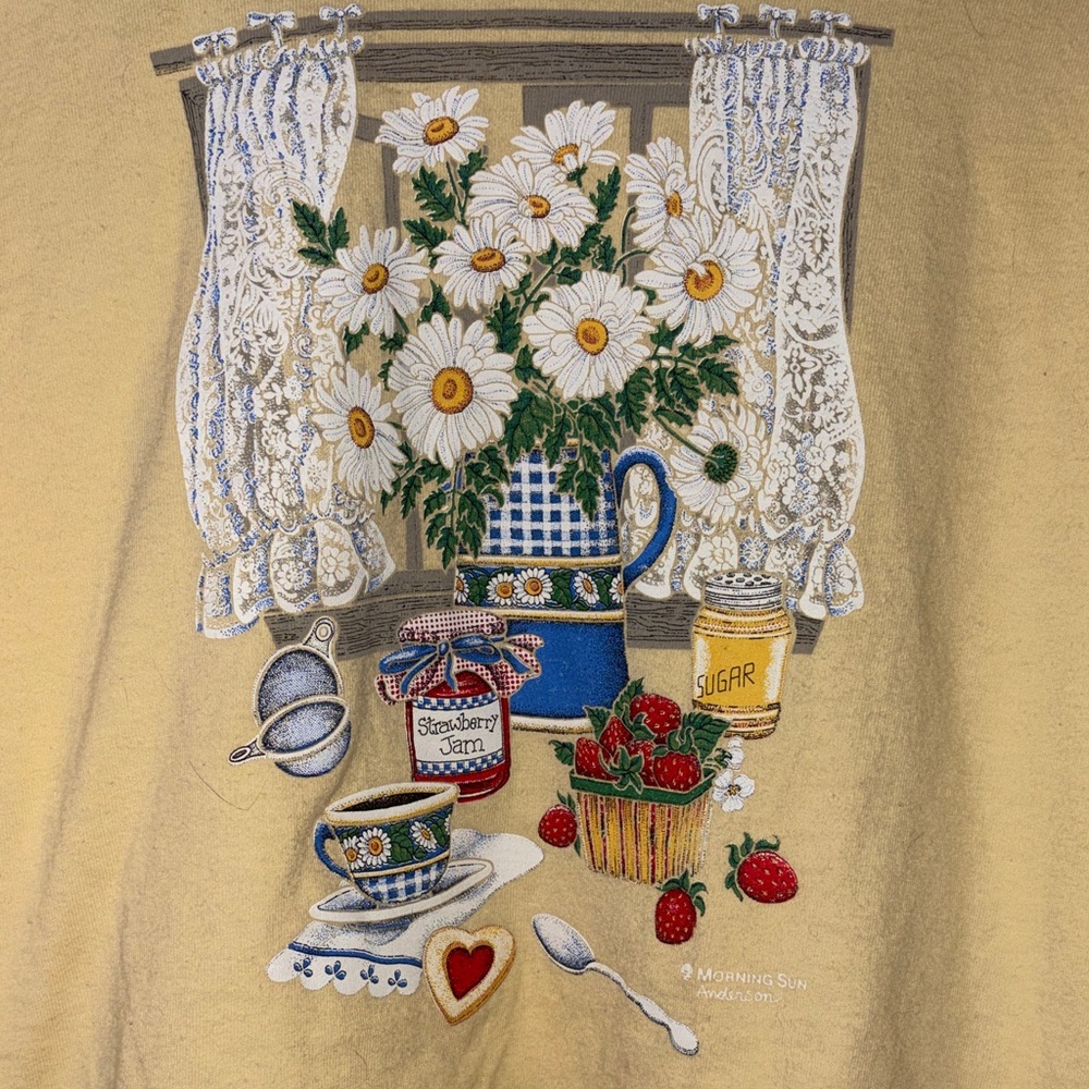 Charming Yellow Short Sleeve Women's Tee with Floral Kitchen Design. 2X - Picture 3 of 7